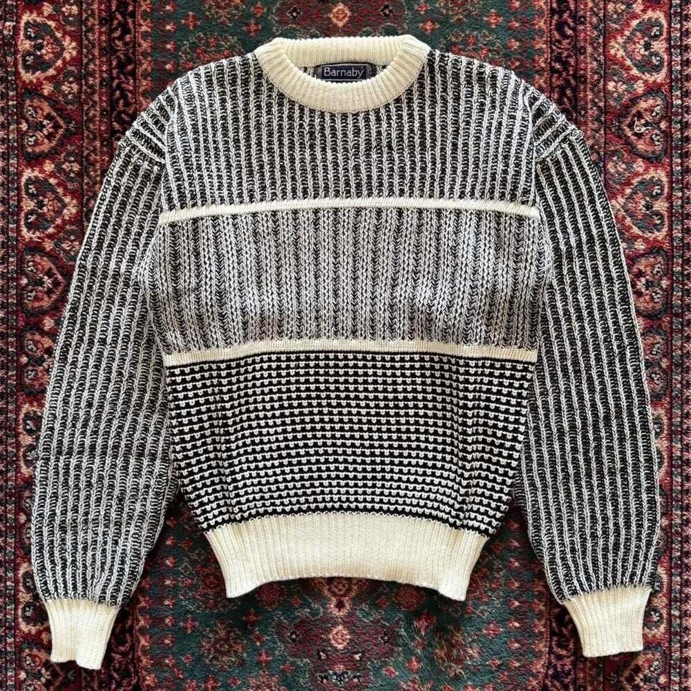 Vintage Barnaby Black and White Striped Textured Knit Sweater Size L